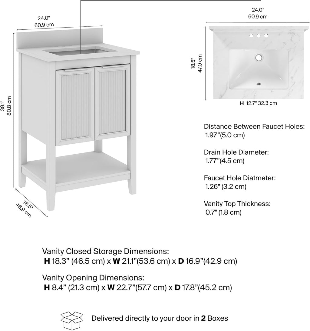 Bush Home 24-Inch Bathroom Vanity with Sink, Fluted Bathroom Cabinet with Faux Marble Basin and Backsplash, Freestanding Bathroom Storage Vanity, Faucet Not Included, Camille Collection, Onyx Birch