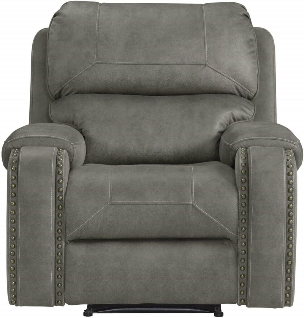 Sunset Trading Calvin 3 Piece Reclining Living Room Set | Sofa, Recliner and Loveseat | Gray Upholstery with Nailheads, Gray with Brass Nailheads, 6-Seater Home Theater Furniture