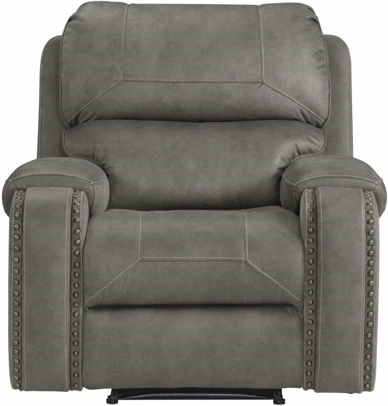 Sunset Trading Calvin 3 Piece Reclining Living Room Set | Sofa, Recliner and Loveseat | Gray Upholstery with Nailheads, Gray with Brass Nailheads, 6-Seater Home Theater Furniture