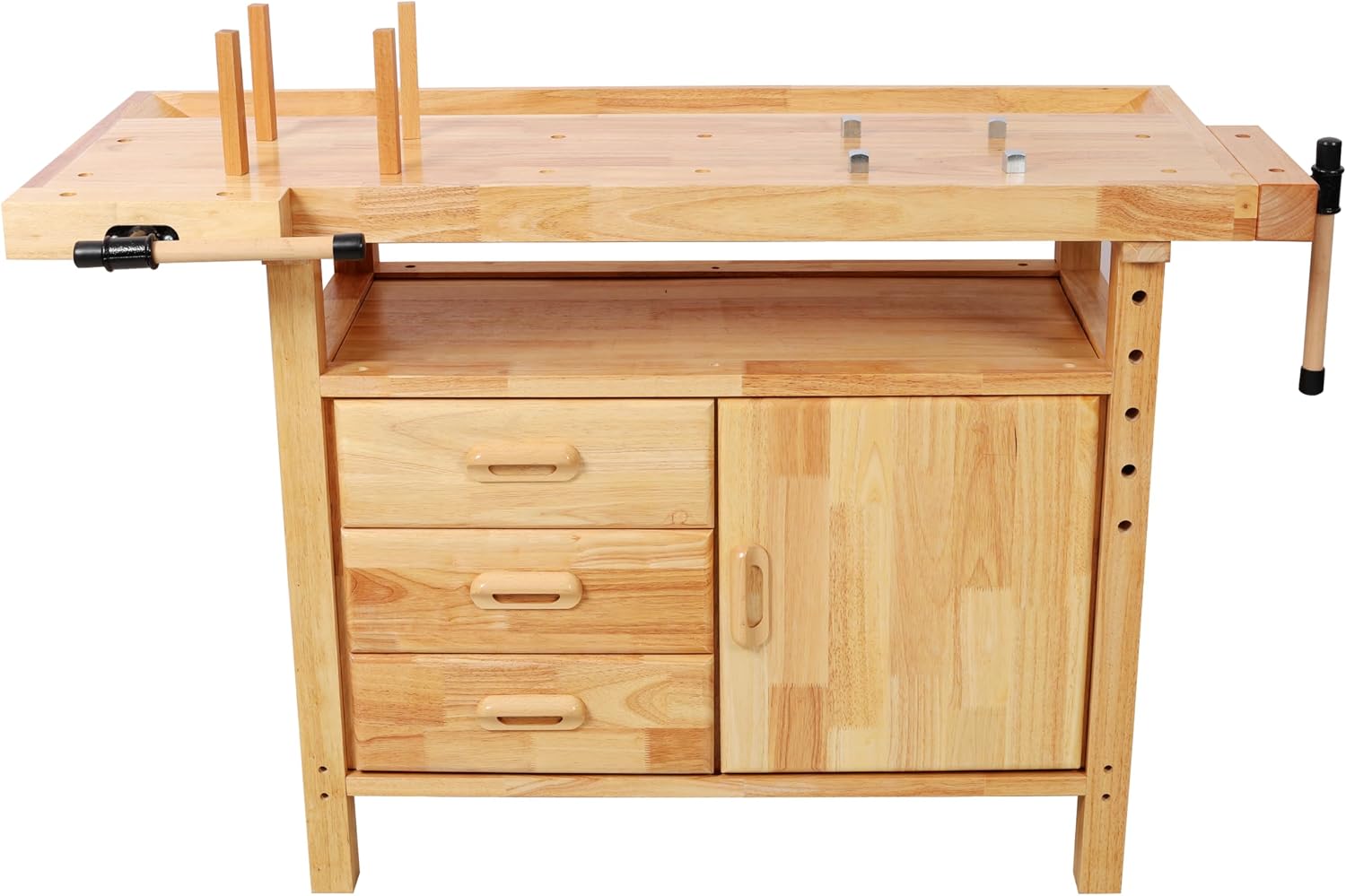Montary 50' Professional Rubberwood Heavy Duty Workbench with 3 Drawers, 1 Cabinet Door & Open Shelf Integrated Vises, Wood Work Bench for Garage, Woodworking Carpenter Workshop & Home Use