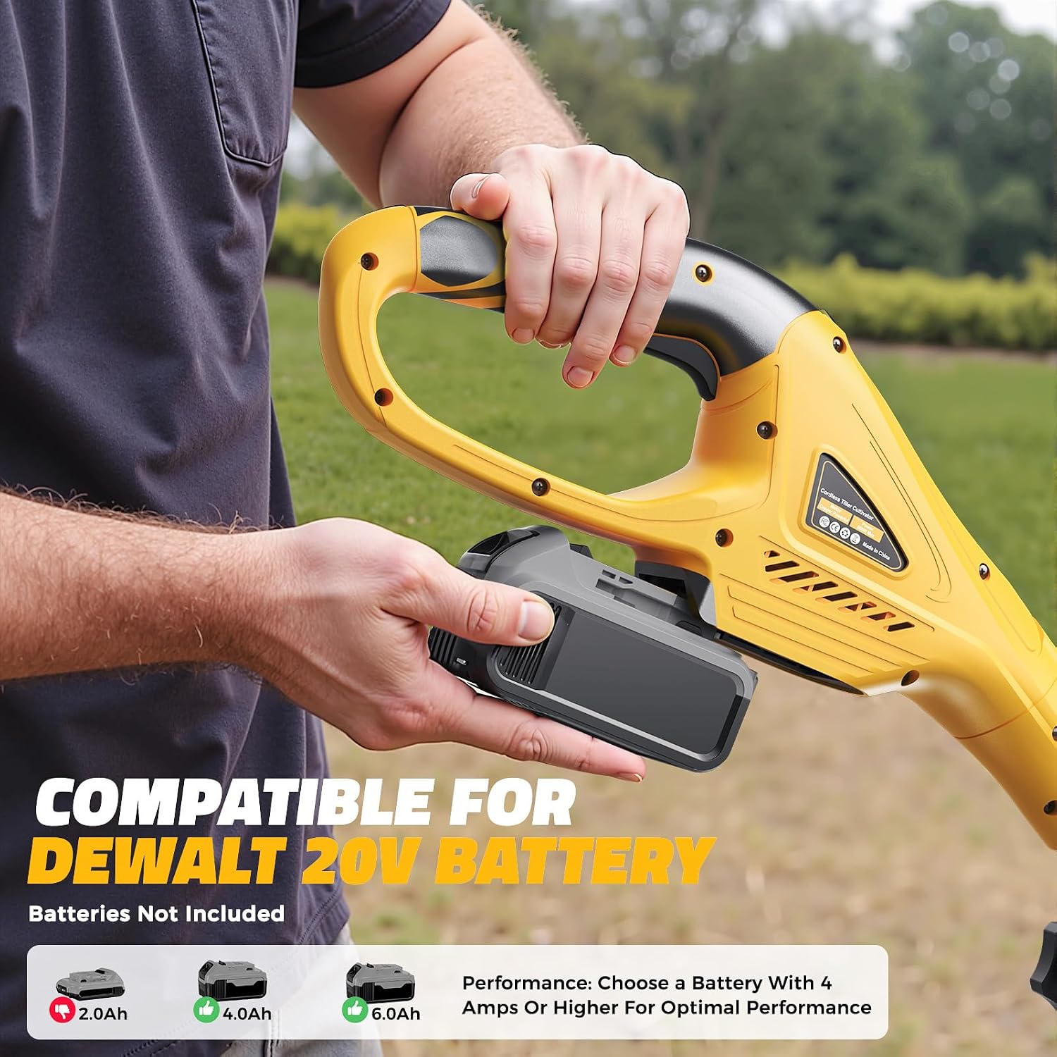 Cordless Tiller Cultivator Compatible with Dewalt 20V Battery (Tool Only), MtiolHig 360RPM Electric Garden Tiller for Gardening, Brushless Rototiller 9' Width 6.3' Depth for Soil Cultivation, Yellow