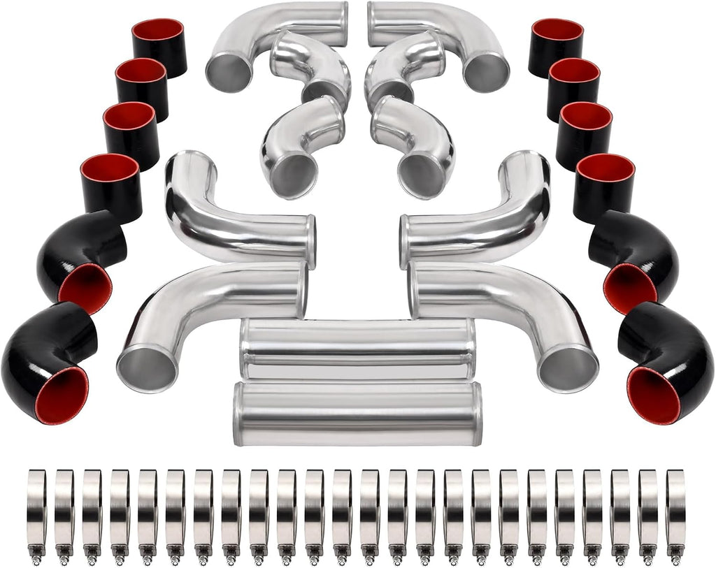 KUAFU 12 Pcs Universal 3' Aluminium Turbo Intercooler Piping & Silicone Coupler & Stainless Steel Clamp Kit Polished