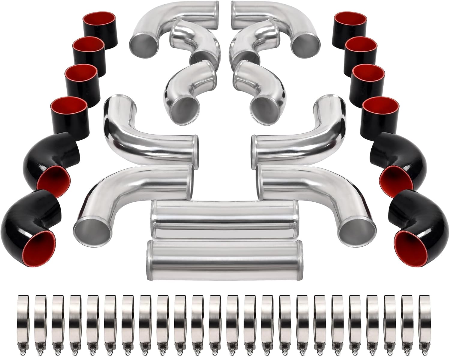 KUAFU 12 Pcs Universal 3' Aluminium Turbo Intercooler Piping & Silicone Coupler & Stainless Steel Clamp Kit Polished