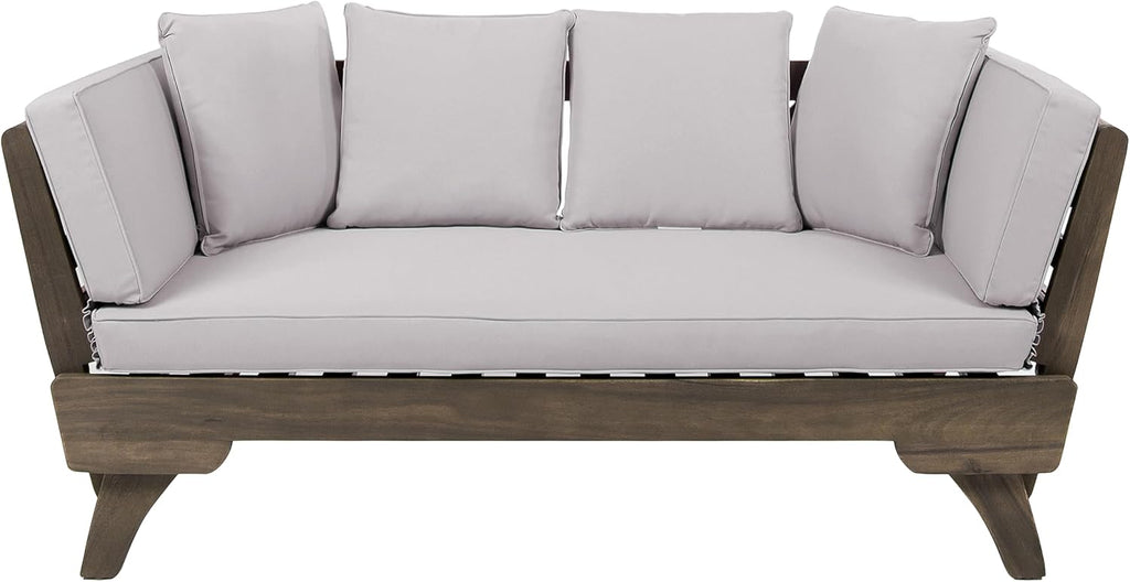 Christopher Knight Home Gary Patio Convertible Couch, Wooden Outdoor Daybed, 3-Seater Acacia Wood Patio Furniture Lounge Sofa for Backyard/Poolside/Garden, Back Pillow+Removable Cushion, Grey