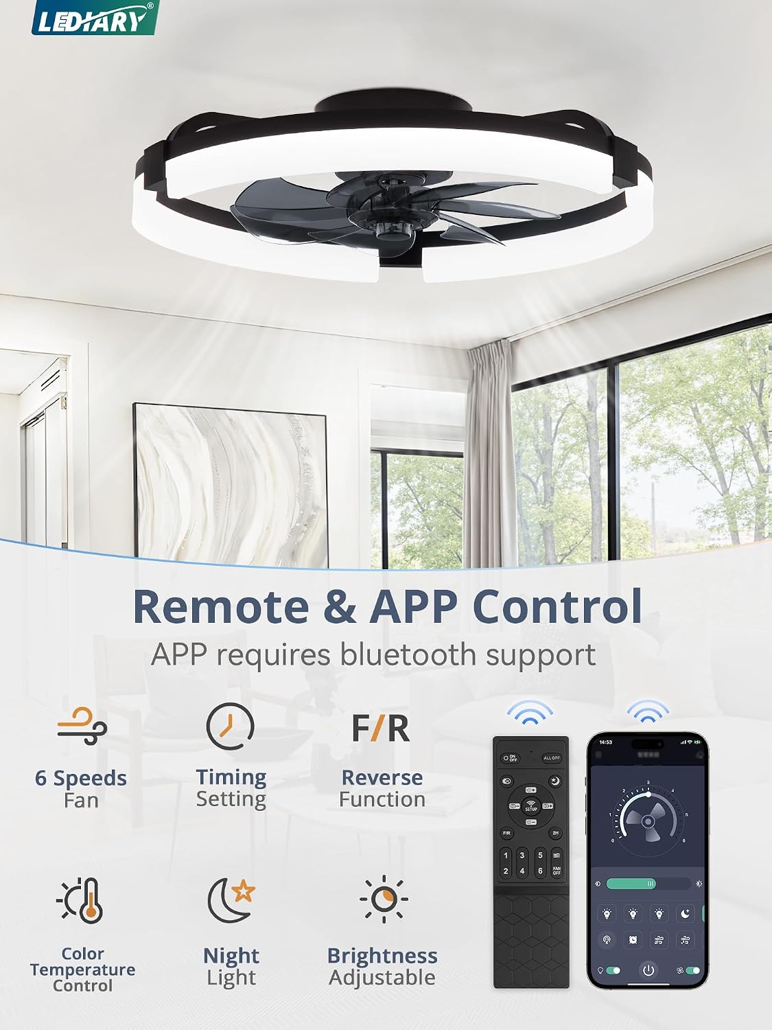 LEDIARY 2 Pack 20' Ceiling Fans with Lights and Remote, Low Profile Ceiling Fan, 3 CCT, Stepless Dimmable, Fandelier Flush Mount Fan Light, 6 Speeds, DC Motor, App & Remote Control for Bedroom(Black)