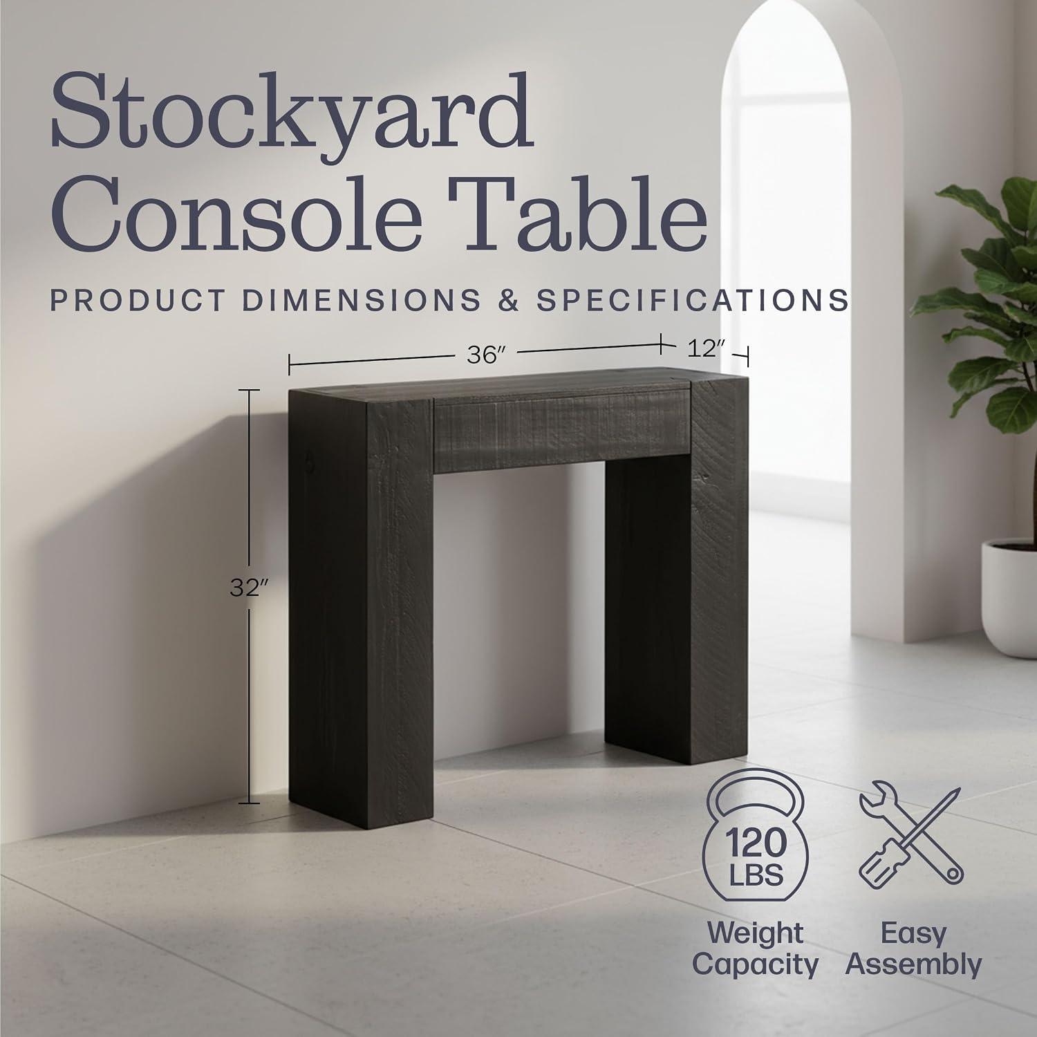 Alaterre Furniture Stockyard Solid Wood Console Table - 36 Inch Modern Farmhouse Small Entryway Table - Easy Assembly Living Room Furniture for Behind the Couch, Entryway, or Hallway (Black)