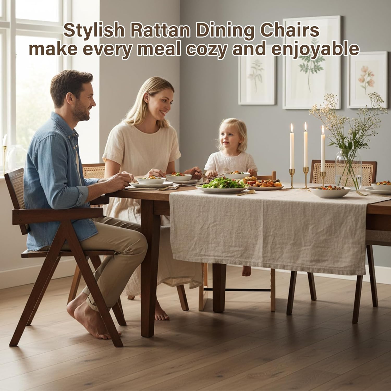 Furlide Rattan Accent Chairs, Modern Mid Century Dining Chairs Set of 2, Comfy Armchairs, Outdoor Rattan Chairs with Armrest for Bedroom Living Room Reading Room Dining Kitchen, Brown
