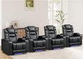 ANJ Power Recliner Chairs Set of 4, Electric PU Leather Home Theater Seating with Adjustable Recline,LED Light, Hidden Arm Storage, USB Port, Cup Holders – Breathable Backrest, FSC Wood Frame,Black