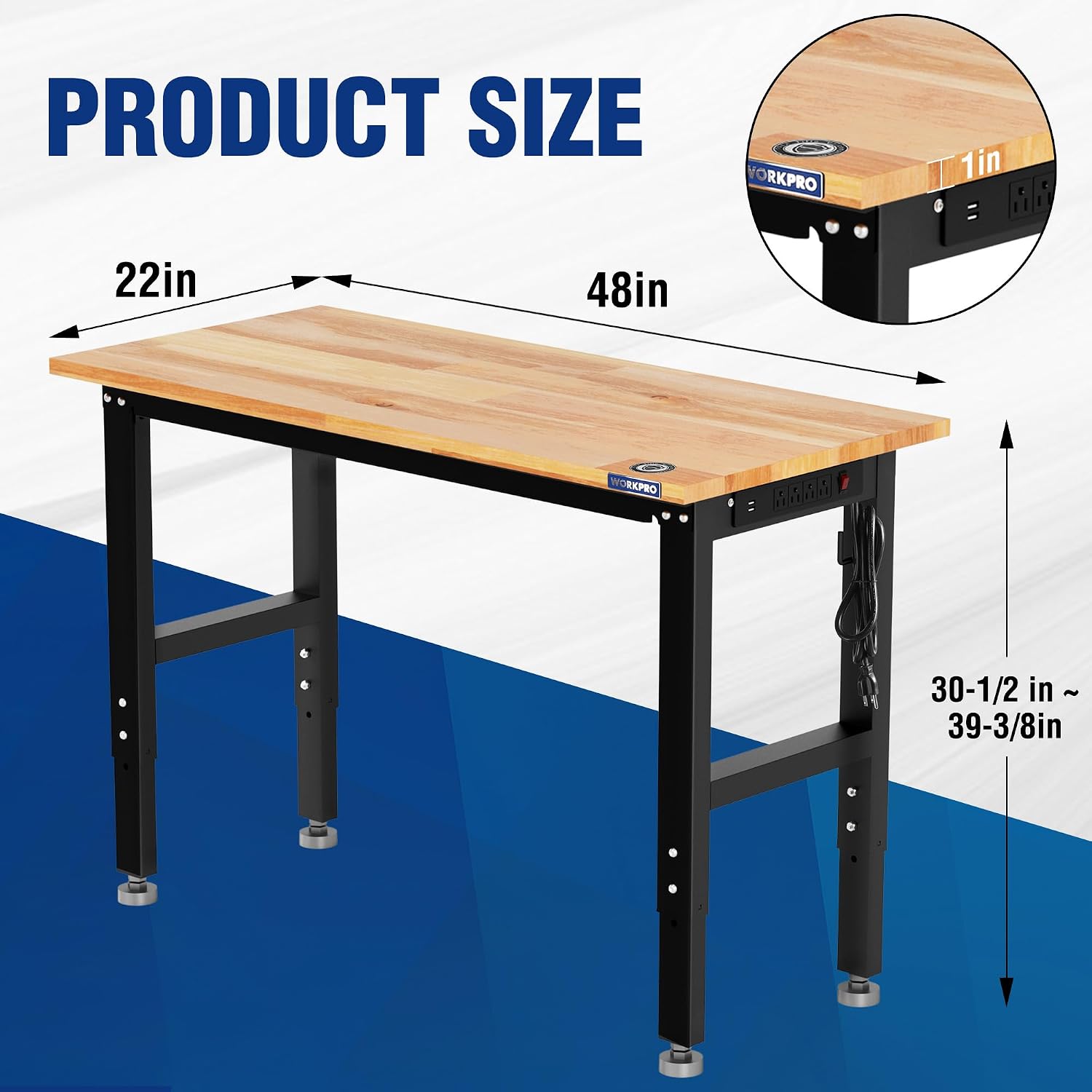 WORKPRO Adjustable Garage Workbench, 48'x22' Rubber Wood Top Heavy-Duty Work Desk with Power Outlets, Leveling Foot, 5 Heights, 1500 LBS Load Capacity Work Benches for Garage, Workshop