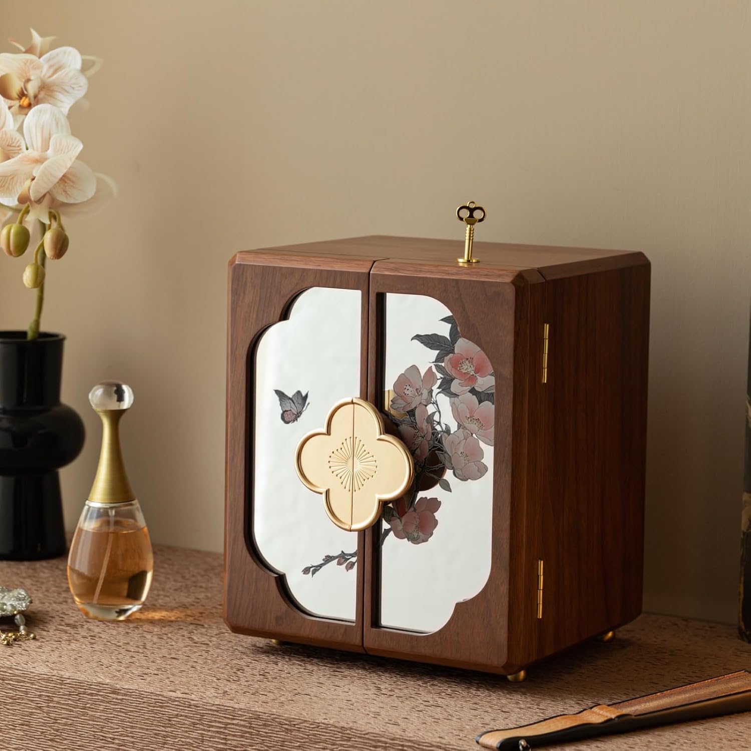 Kinsuite Black Walnut Jewelry Box - 5-tier Jewelry Organizer with Secure Double-Door, Safe with Lock for Earring, Ring, Necklace, Bracelets with Mirror