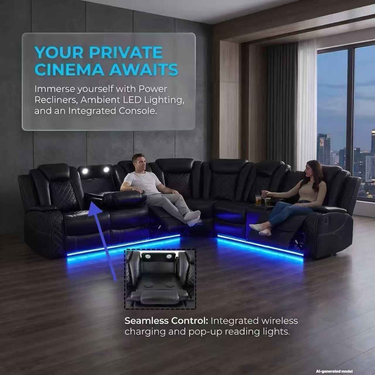 A Ainehome Power Furniture Reclining Sectional Sofa Set, Living Room Power Recliner Adjustable Sofa, Loveseat and Chair with USB Chargers/Storage Console for Living Room/Office(A-Black)