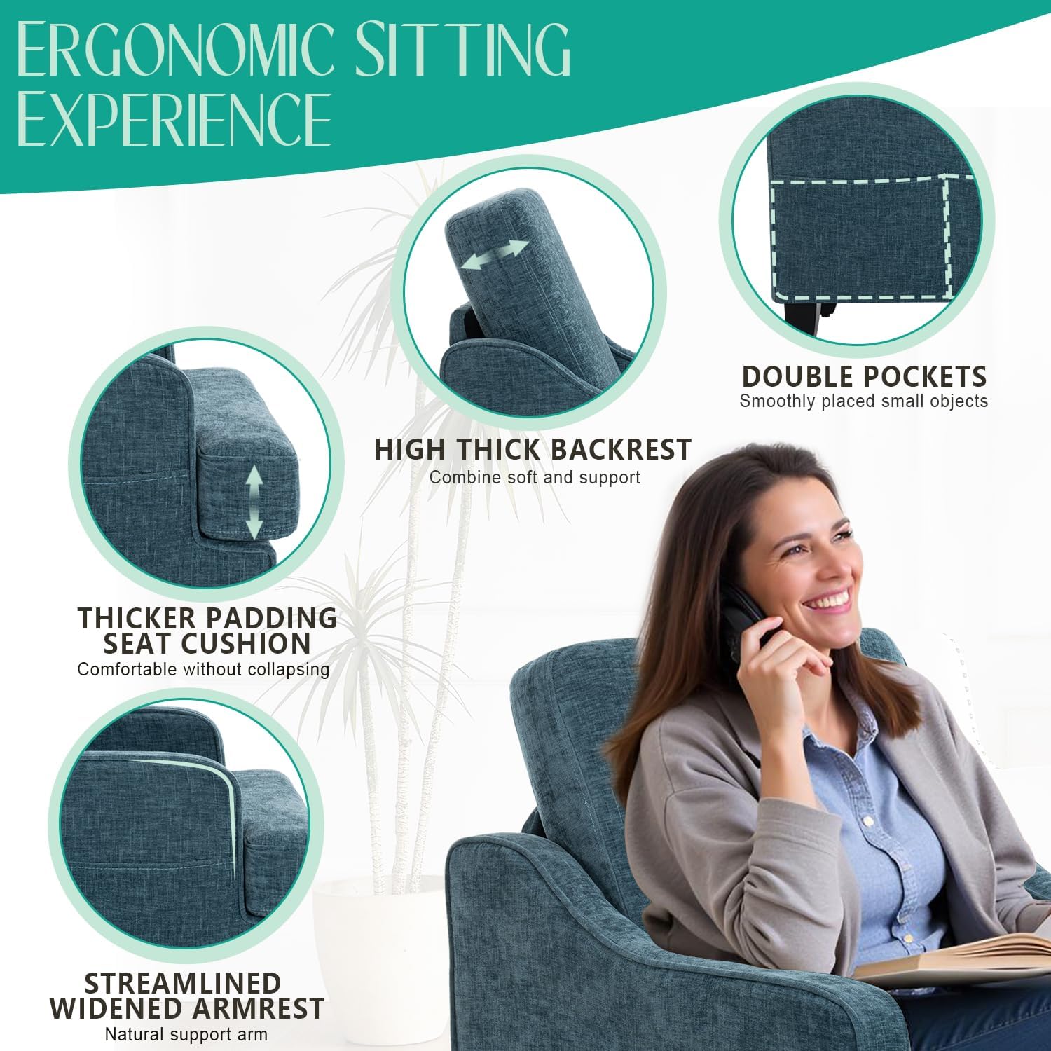 Modern Accent Chairs Set of 2 Upholstered Reading Chair for Bedroom with Side Pockets Comfy Living Room Chairs Living Room Armchair for Office, Apartment (Blue Chenille)