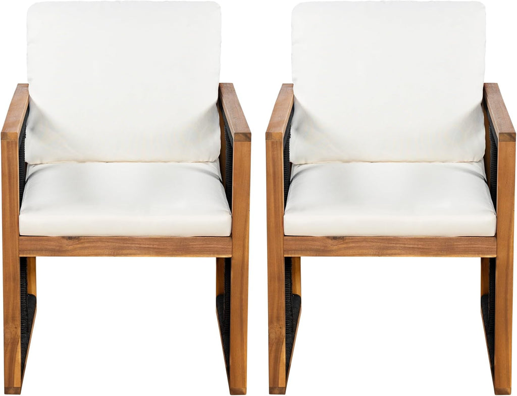 Christopher Knight Home Kiaya Outdoor Dining Chairs Set of 2 with Rope-Wrapped Accents, Acacia Wood Patio Dining Room Chair with Seat and Back Cushions, Comfy Outdoor Chairs Set of 2, Cream+Teak+Black