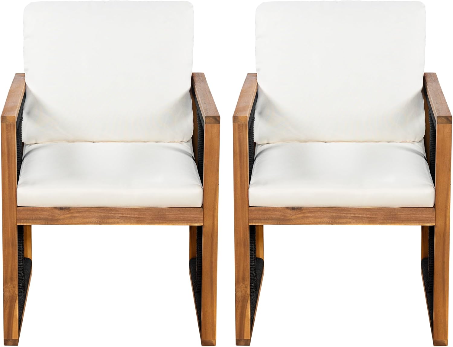 Christopher Knight Home Kiaya Outdoor Dining Chairs Set of 2 with Rope-Wrapped Accents, Acacia Wood Patio Dining Room Chair with Seat and Back Cushions, Comfy Outdoor Chairs Set of 2, Cream+Teak+Black