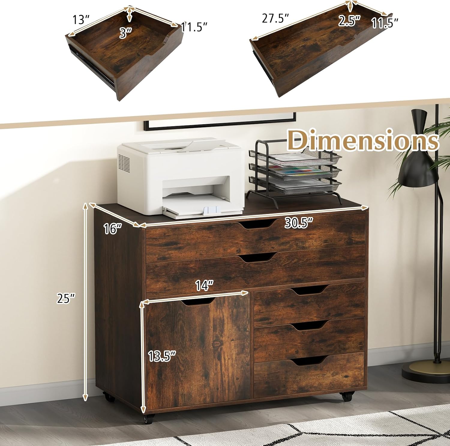 MAT EXPERT 5-Drawer Mobile File Cabinet w/Door, Lateral Filing Cabinet w/5 Universal Wheels, Rolling File Cabinets with Storage, Modern Wood Printer Stand for Home Office, Living Room (Rustic Brown)