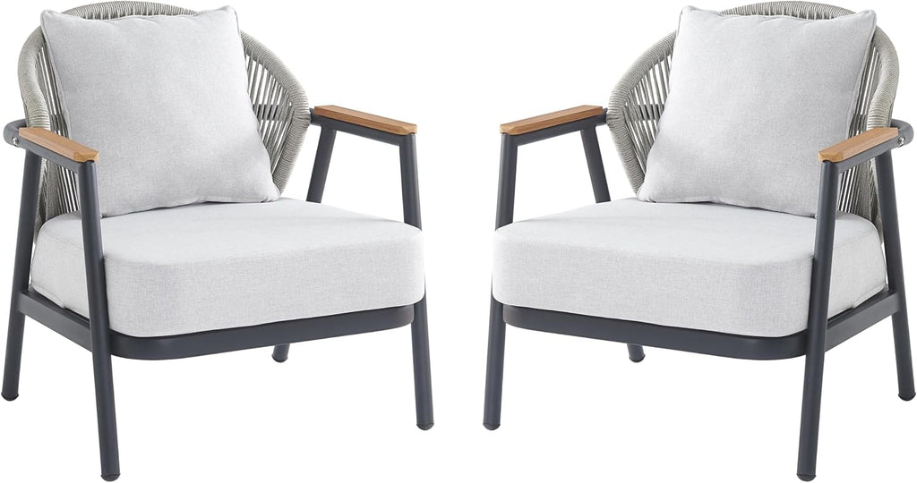 Christopher Knight Home Vine Iron Patio Club Chair Set of 2, Outdoor Accent Chair with Cushions, Wooden Patio Armchair, Ergonomic Comfy Reading Chair for Balcony, Backyard, Garden, Dark Grey+Grey