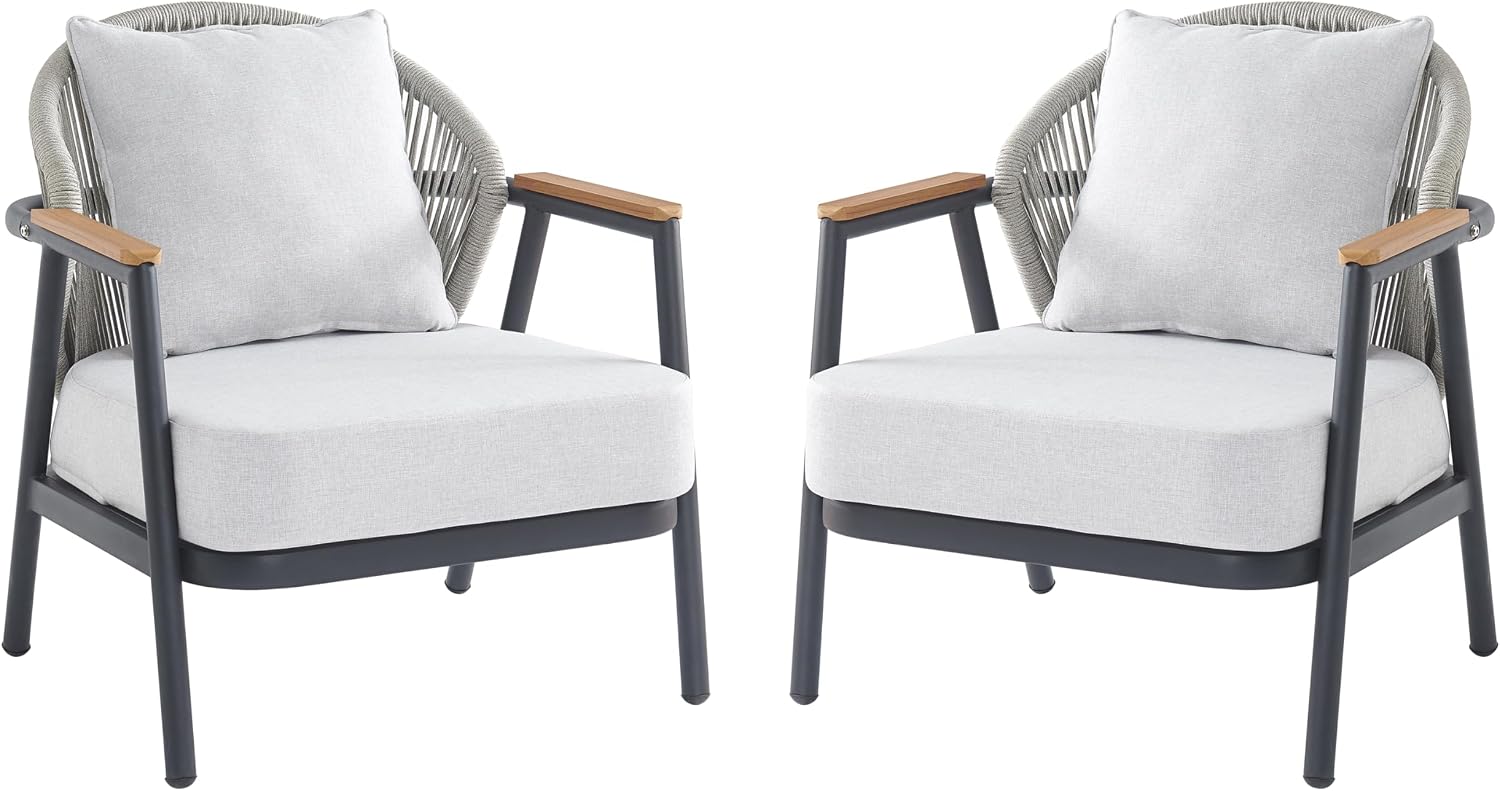 Christopher Knight Home Vine Iron Patio Club Chair Set of 2, Outdoor Accent Chair with Cushions, Wooden Patio Armchair, Ergonomic Comfy Reading Chair for Balcony, Backyard, Garden, Dark Grey+Grey