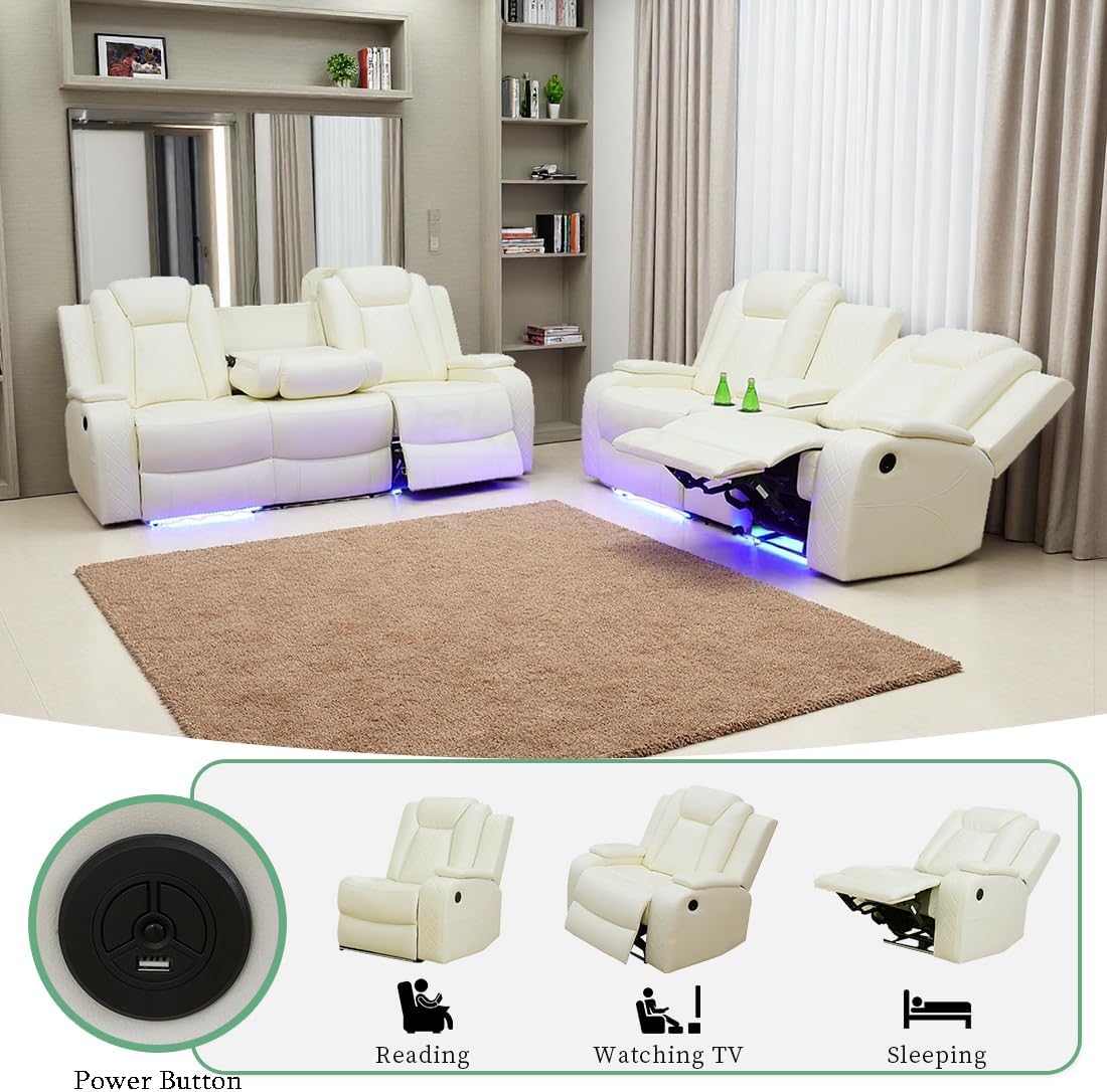 Living Room Furniture Sets, Power Reclining Sofa Set,Vanilla White Leather Sofa Living Room Power Sofa,Loveseat with Cup Holders/Storage Console/LED Light for Living Room