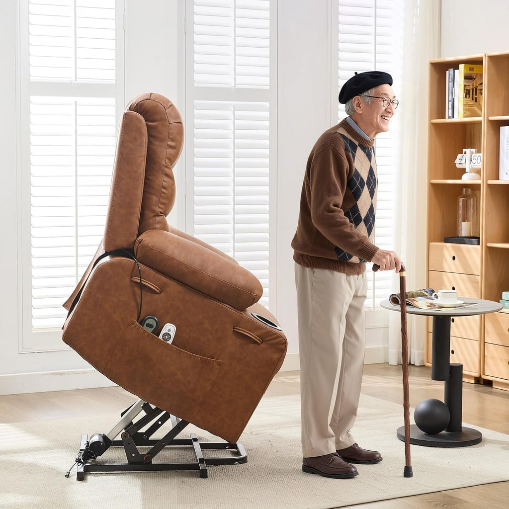 GarveeHome Power Lift Recliner Chair for Elderly, Oversized Electric Lift Chair with Heat and Massage, PU Leather Adjustable Recliner with Cup Holders & Side Pocket for Living Room, Brown