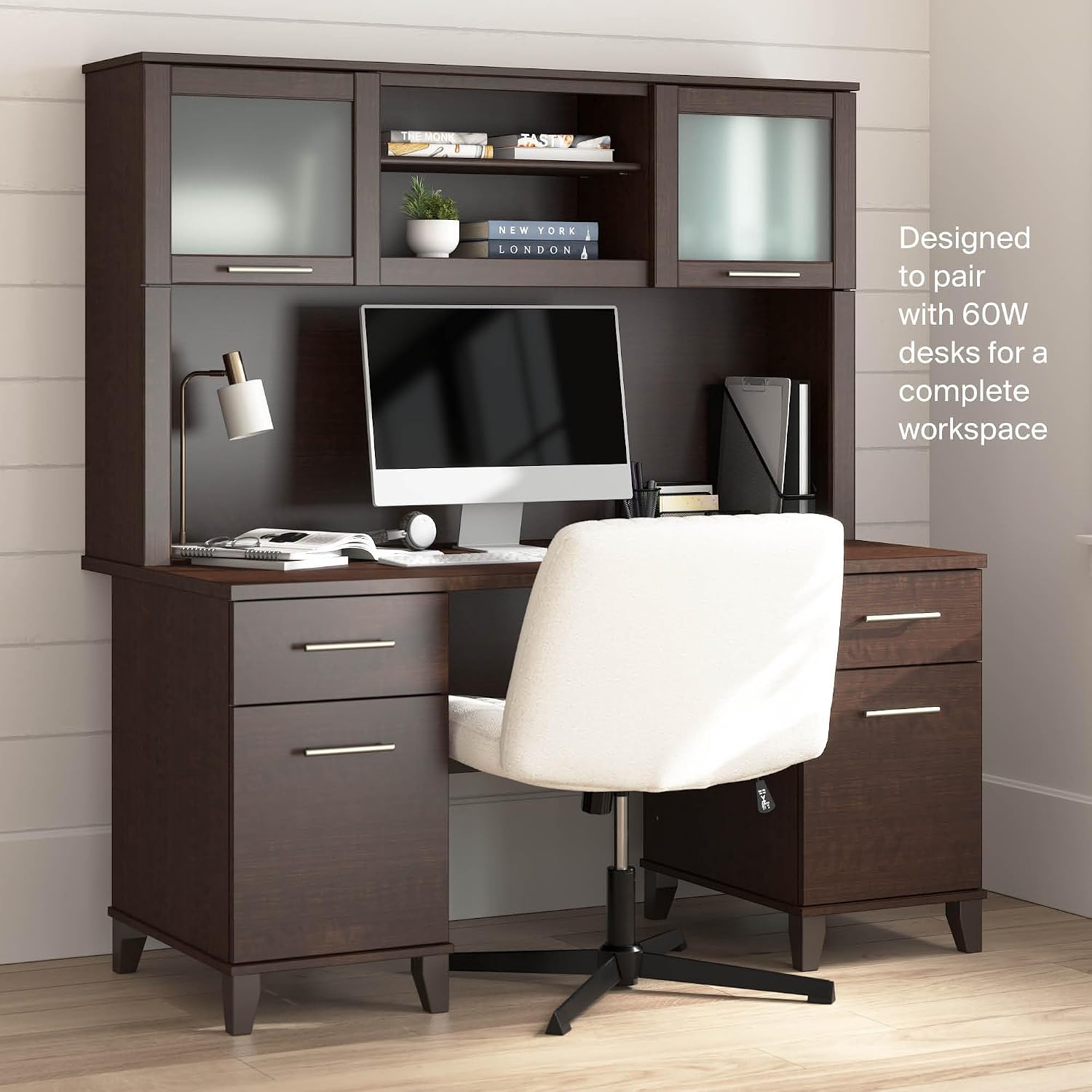 Bush Home 60-Inch Desk Hutch, Office Storage Organizer with Shelves, Cubbies and Frosted Glass Doors for Computer Desk, Home Office Furniture, Somerset Collection, Mocha Cherry