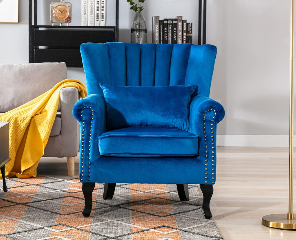 Kmax Blue Accent Chair Velvet Wingback Chair with Pillow Nail-Head Channel Tufted Oversized Club Chair for Living Room Bedroom Guest Room
