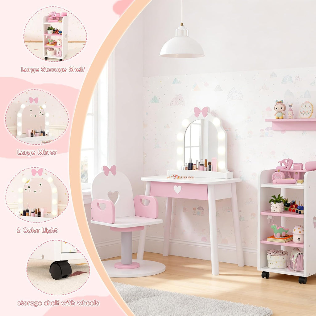 Wooden Kids Vanity Table and Chair Set with Light and Mirror, Princess Makeup Vanity Desk with Barber Chair and Rolling Cart, Pretend Hair Salon Play Set, Toddler Vanity Set for Girls, White