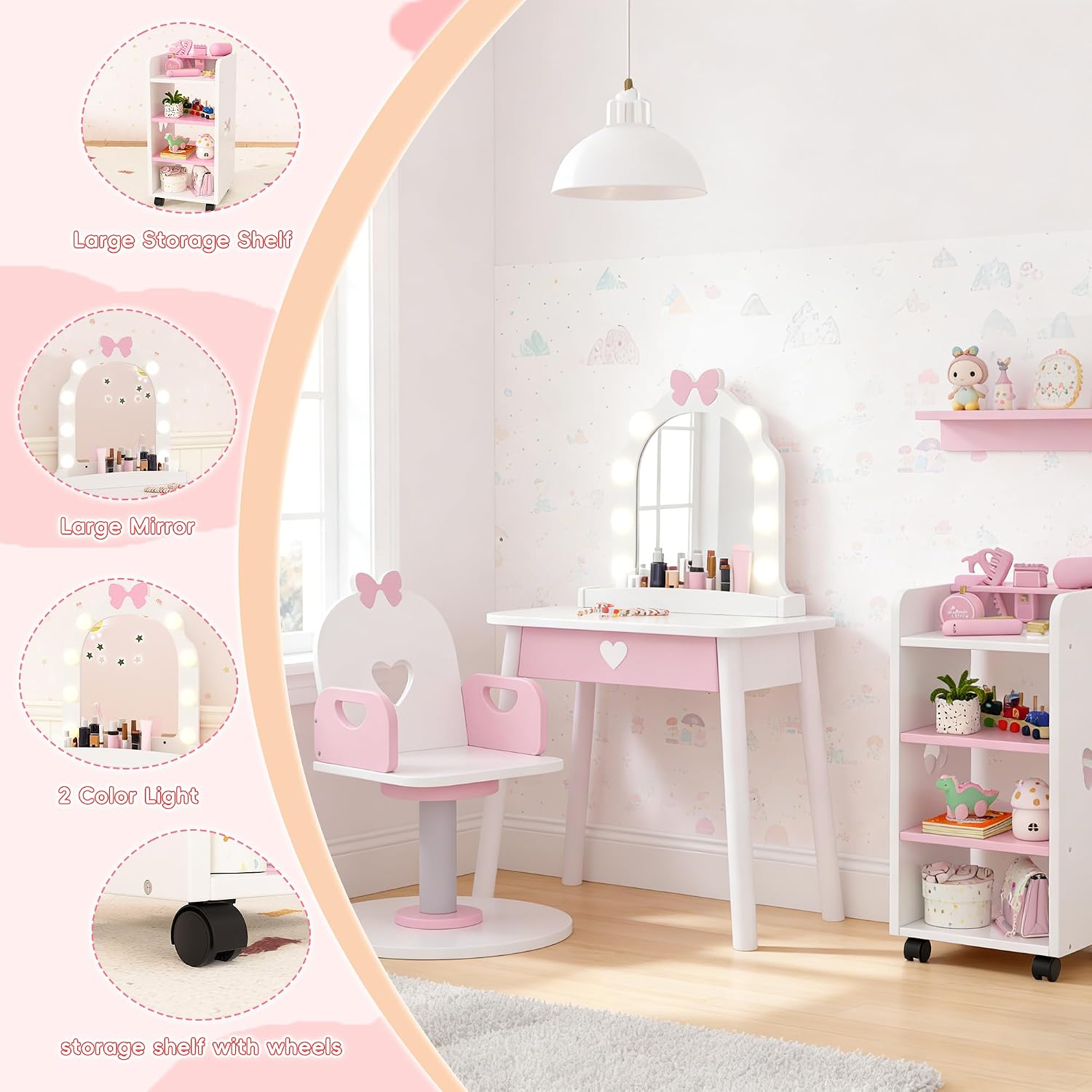 Wooden Kids Vanity Table and Chair Set with Light and Mirror, Princess Makeup Vanity Desk with Barber Chair and Rolling Cart, Pretend Hair Salon Play Set, Toddler Vanity Set for Girls, White
