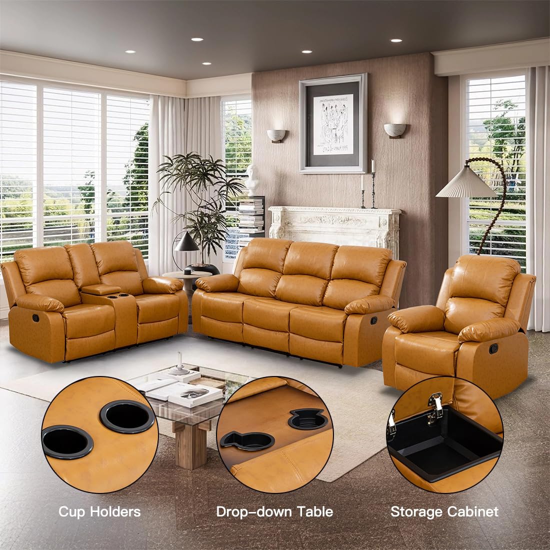 Manual Reclining Couch Sofa Set with Drop-Down Table, 3 Pieces Ginger Leather Recliner Couch Sets, Living Room Furniture Sets, Recliner Sofa with Storage Console/Cup Holder for Home/Apartment