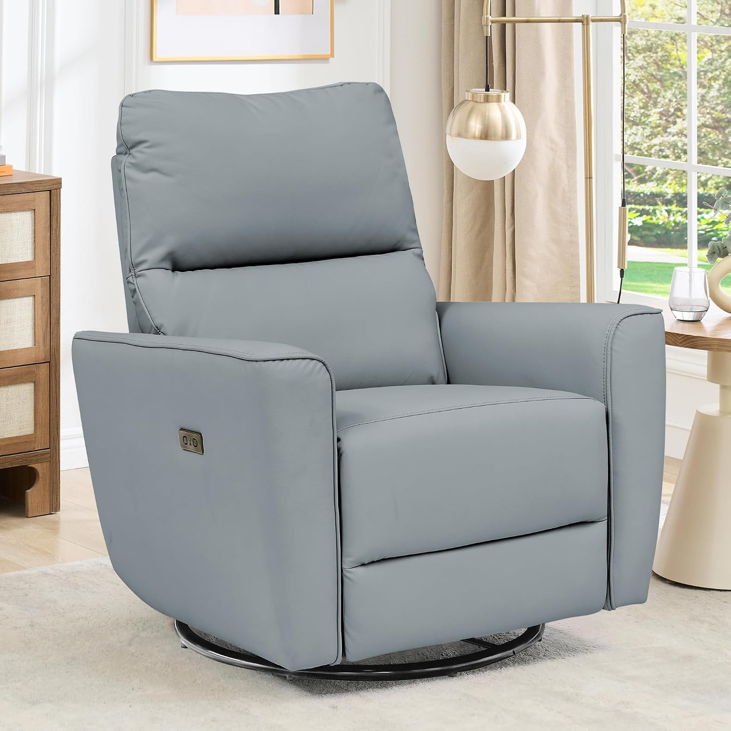 GarveeHome Power Recliner Chair, 270° Swivel Rocking Glider with USB Charging Port, PU Leather Upholstered Fabric, Ergonomic Modern Nursery Chair for Living Room, Bedroom, Nursery (Gray)