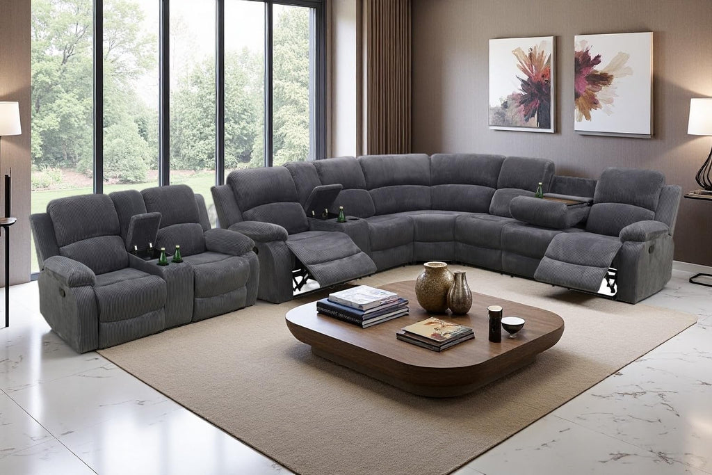 A Ainehome Sectional Recliner Sofa Set with Storage, Living Room Furniture Set Corduroy Sofa Sets Manual Reclining Sectional Couches for Living Room with 4 Recliner Seats(Living Room Set, Dark Grey)