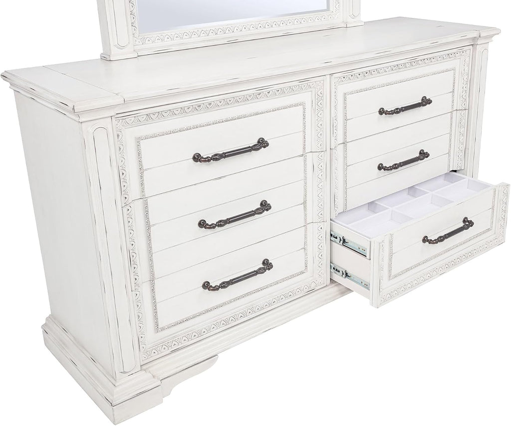 Coaster Home Furnishings - McKinney - Poplar Wood - 6-Drawer Dresser with 50-Inch Rectangular Mirror, Traditional Style, Jewelry Tray, and Antique Bronze Hardware - Bedroom - Vintage White - 215873M