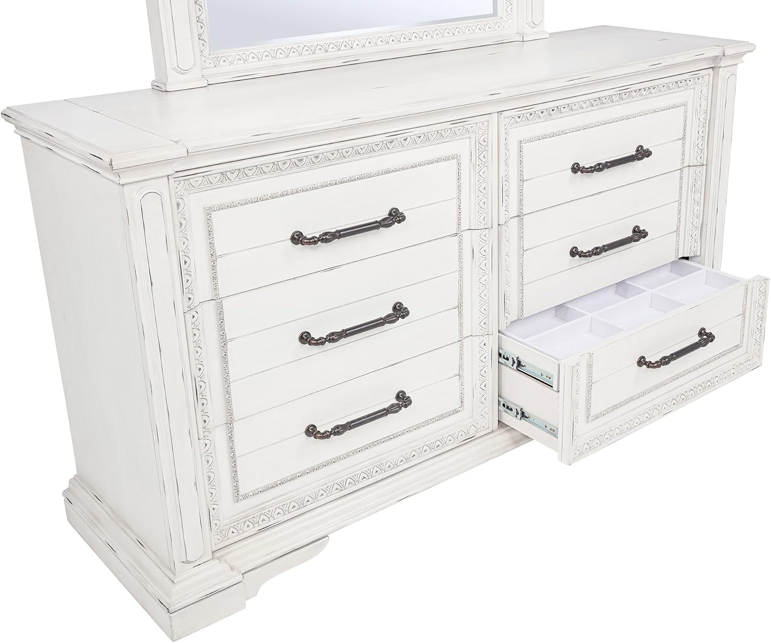 Coaster Home Furnishings - McKinney - Poplar Wood - 6-Drawer Dresser with 50-Inch Rectangular Mirror, Traditional Style, Jewelry Tray, and Antique Bronze Hardware - Bedroom - Vintage White - 215873M