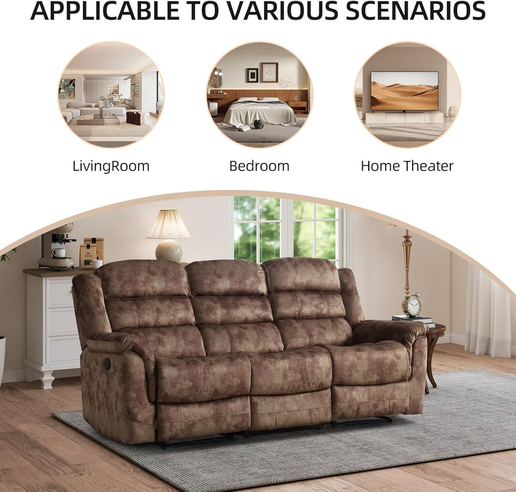 EBELLO 3 Pieces Reclining Living Room Set, Soft Fabric Manual Recliner Sofa Furniture Set, Includes 2 Overstuffed Recliner Chairs and one 3 Seat Sofa, Brown