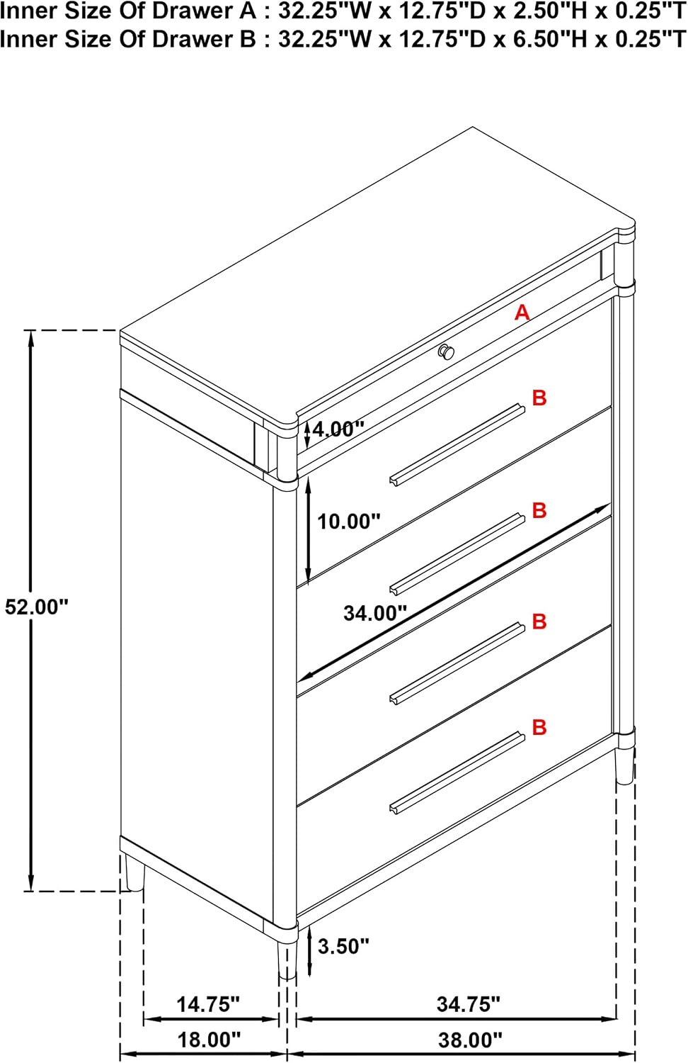 Coaster Home Furnishings - Gracemont - Wood - 5-Drawer Chest of Drawers with Bar Pull Handles, Rounded Corners, Metal Tube Accents and Felt-Lined Top - Bedroom - White - 225075