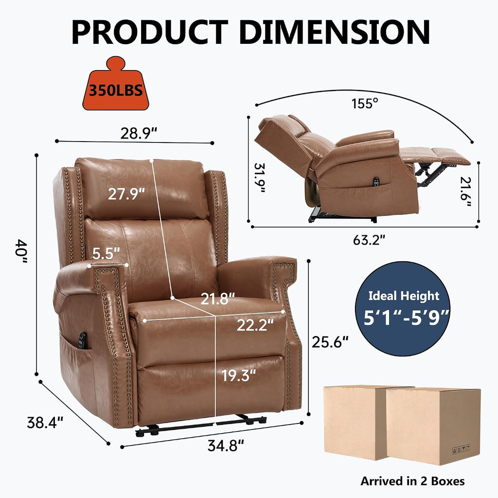 KEIKI Mid Century Modern Oversized Recliner Accent Chair for Adults, Manual Leather Recliner Chair with Back Massager and Heating for Living Room, Home Soft Rocking Lounge Reading Chair, Camel