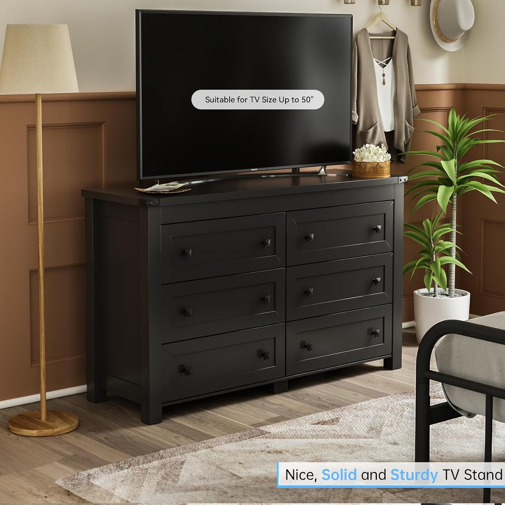 HUANLEGO Black Dresser for Bedroom with 6 Drawers, Modern Chest of Drawers, Wood Dressers Bedroom Furniture Wide Storage Organizer, 6 Drawer Dresser for Closet, Living Room, Hallway