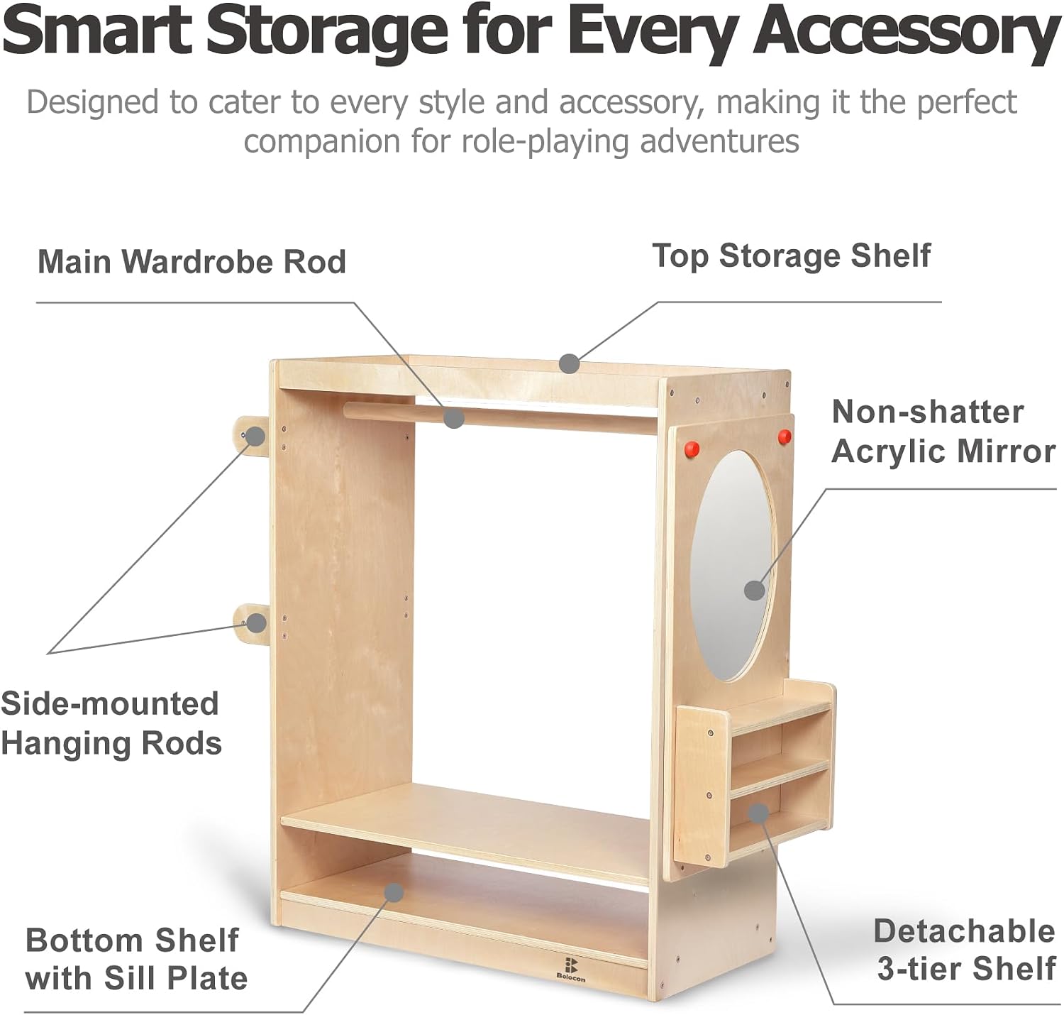Kids Dress Up Center Girls/Boys Pretend Play Closet, Clothes Rack with Organizer Mirror Set, Cubbies for Costume,Toddler Montessori Furniture, Wardrobe for Daycare//Preschool (Standard)
