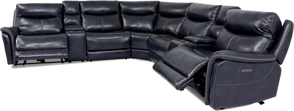Furniture of America Pawona 135.5 inches Leather Upholstered Power Recliner Sectional with Cup Holders, Storage Console and USB Charger for Living Room, Home Office, Dark Navy