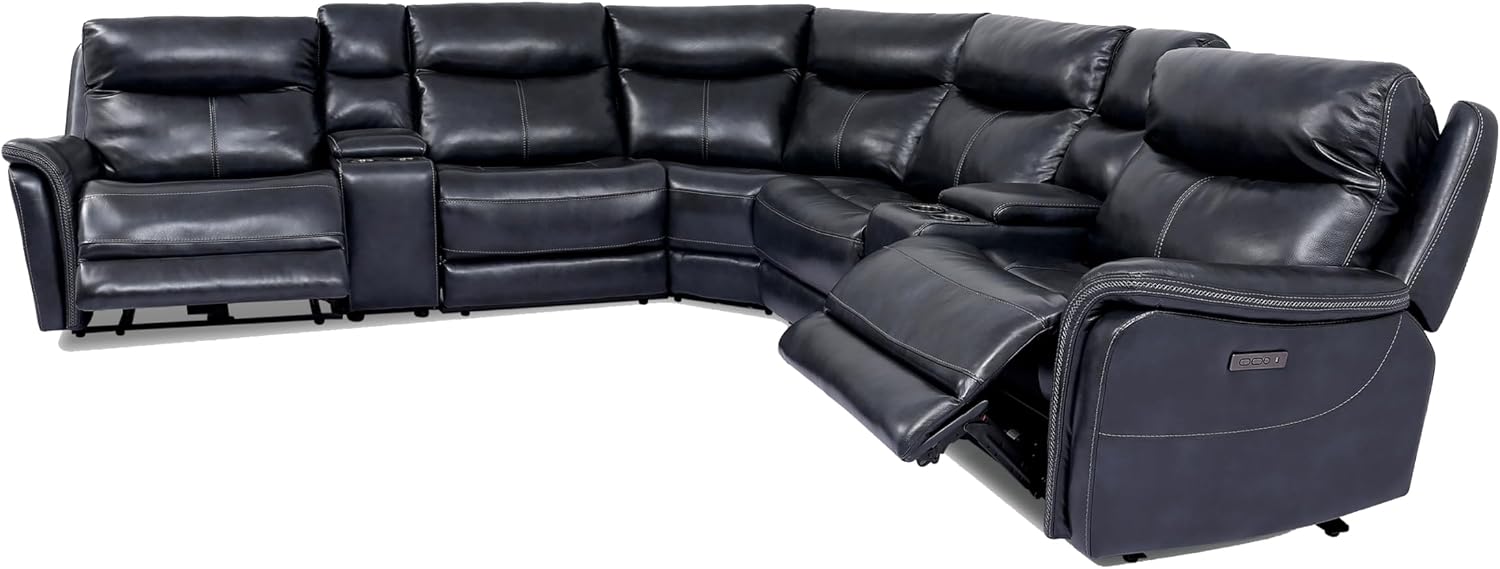 Furniture of America Pawona 135.5 inches Leather Upholstered Power Recliner Sectional with Cup Holders, Storage Console and USB Charger for Living Room, Home Office, Dark Navy