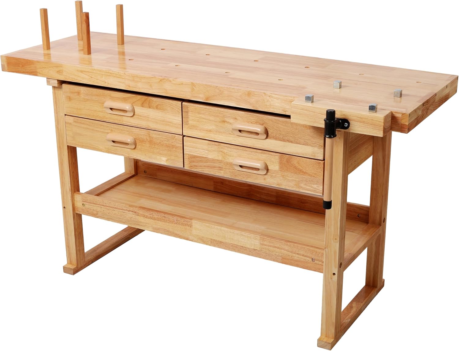 Montary 60-Inch Rubber Hardwood Workbench with 4 Drawers & Shelf, 330LBS Heavy Duty Portable Work Bench with Adjustable Handle, Woodworking Table for Garage, Workshop & Home Storage