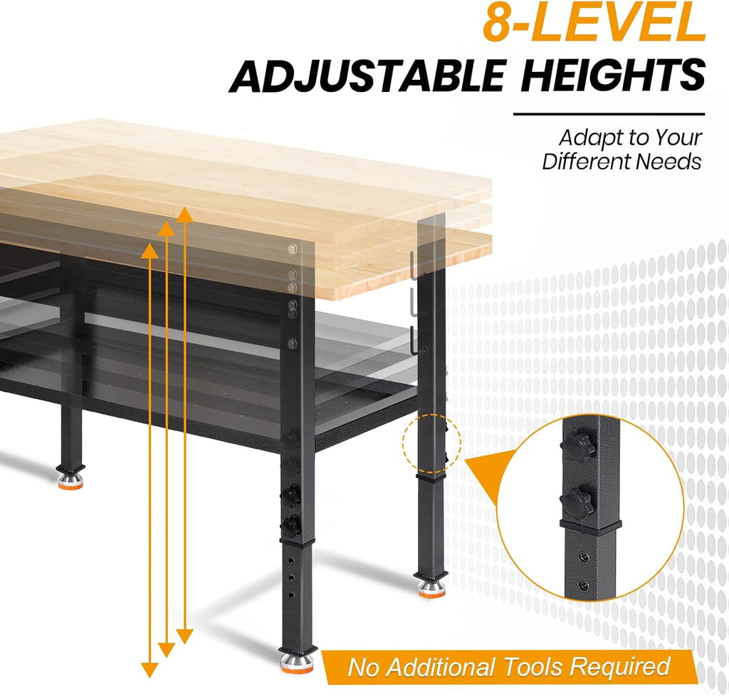 48'/60'' Adjustable Workbench, Rubber Wood Work Bench Heavy-Duty with Partition,2000 LBS Load Capacity Hardwood Work Table for Garage, Workshop, Home, Office, Easy Assembly (w/partition,48'')