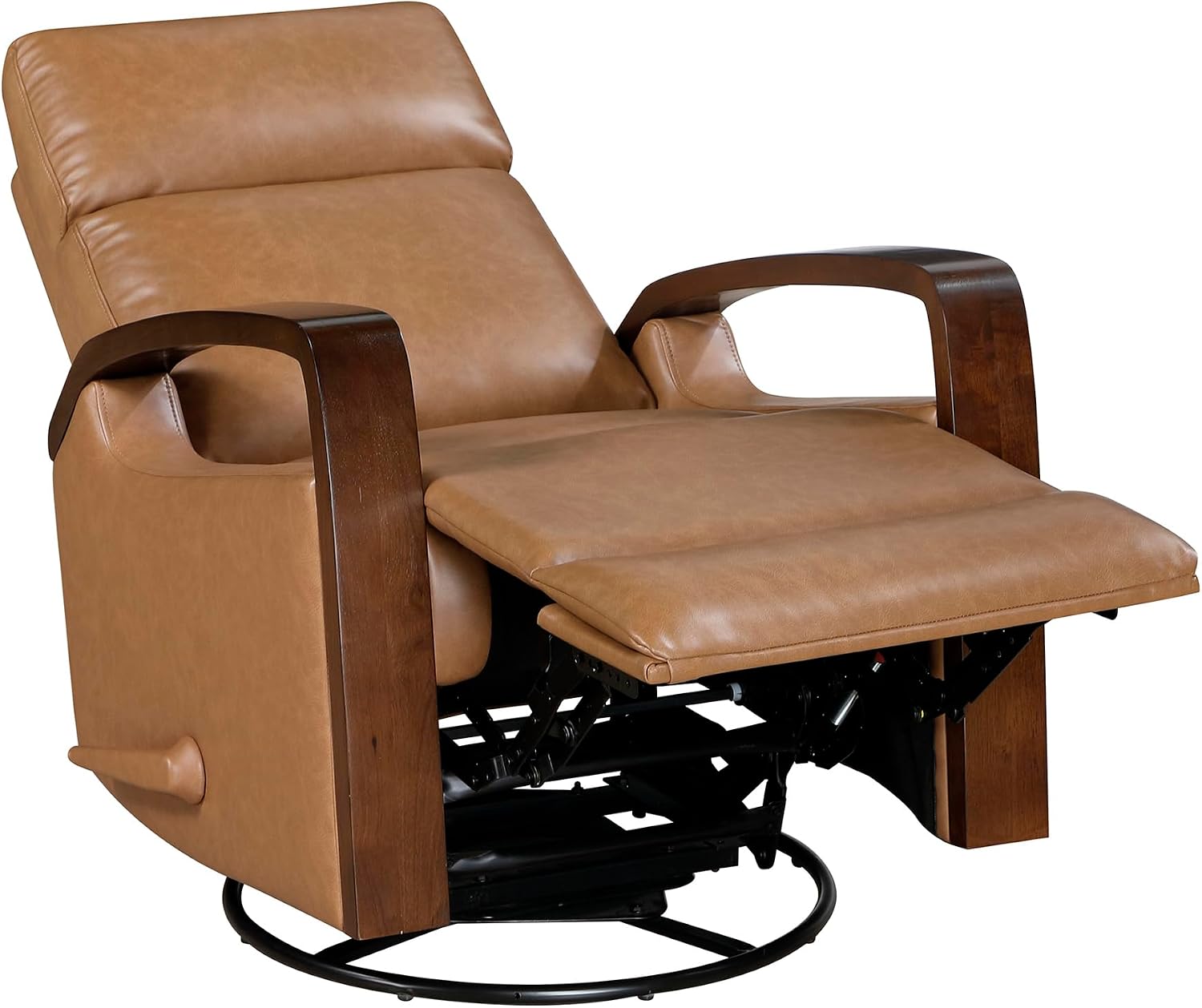 Lexicon 360 Degree Swivel Glider Reclining Chair, Breathable Faux Leather Manual Recliner, Comfy Nursery Glider Recliner, Wood Arms, Pull Handle for Living Room/Office/Bedroom/Apartment, Camel Brown
