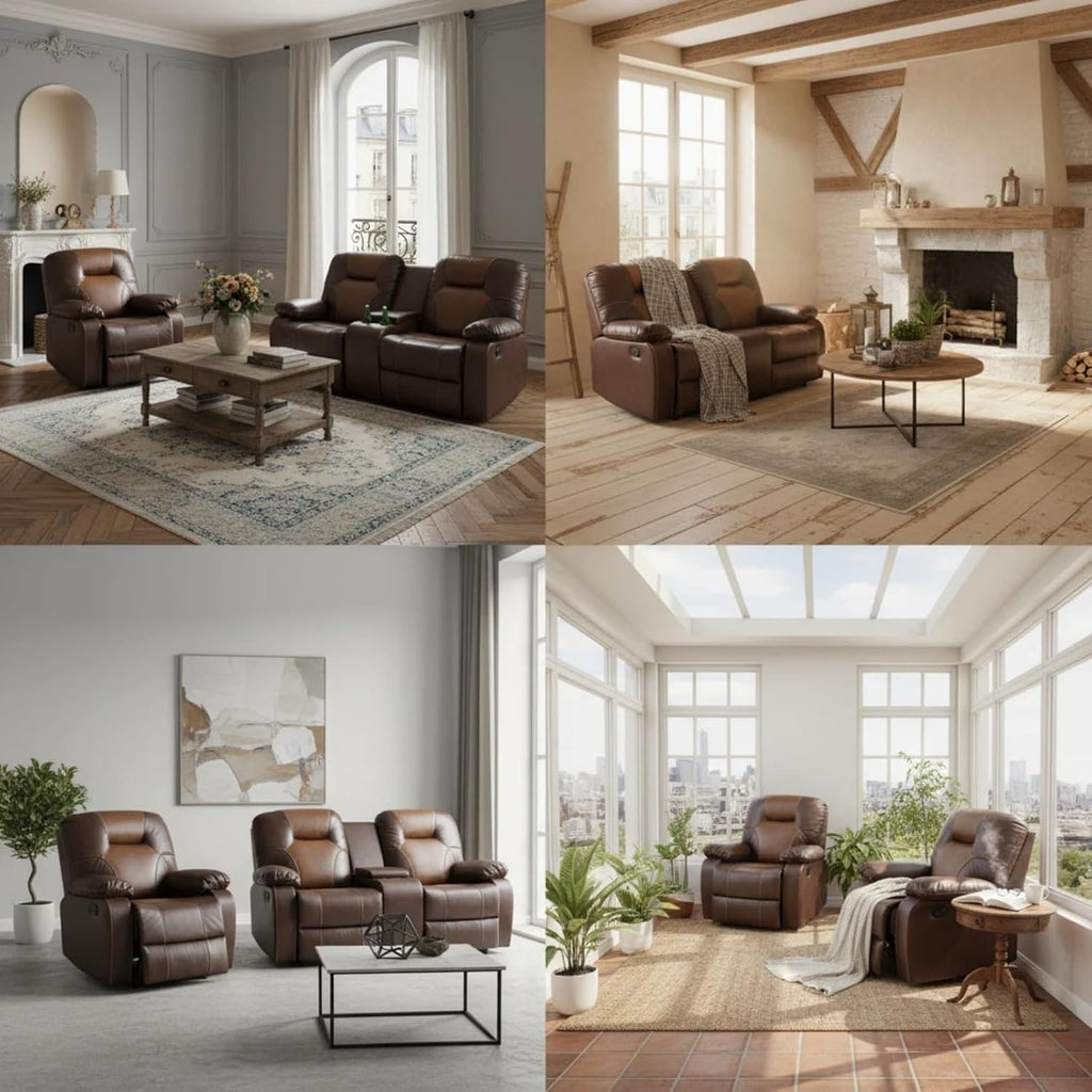 Leather Recliner Sofa Set, Living Room Furniture Set, Adjustable Backrest Reclining Loveseat Sofa with Storage Console & Cup Holders, Manual Recliner Chair for House, Home Theater, Brown