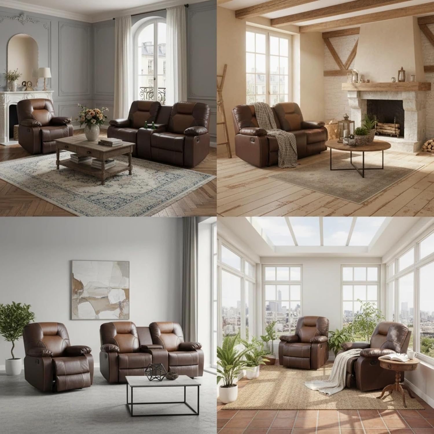 Leather Recliner Sofa Set, Living Room Furniture Set, Adjustable Backrest Reclining Loveseat Sofa with Storage Console & Cup Holders, Manual Recliner Chair for House, Home Theater, Brown
