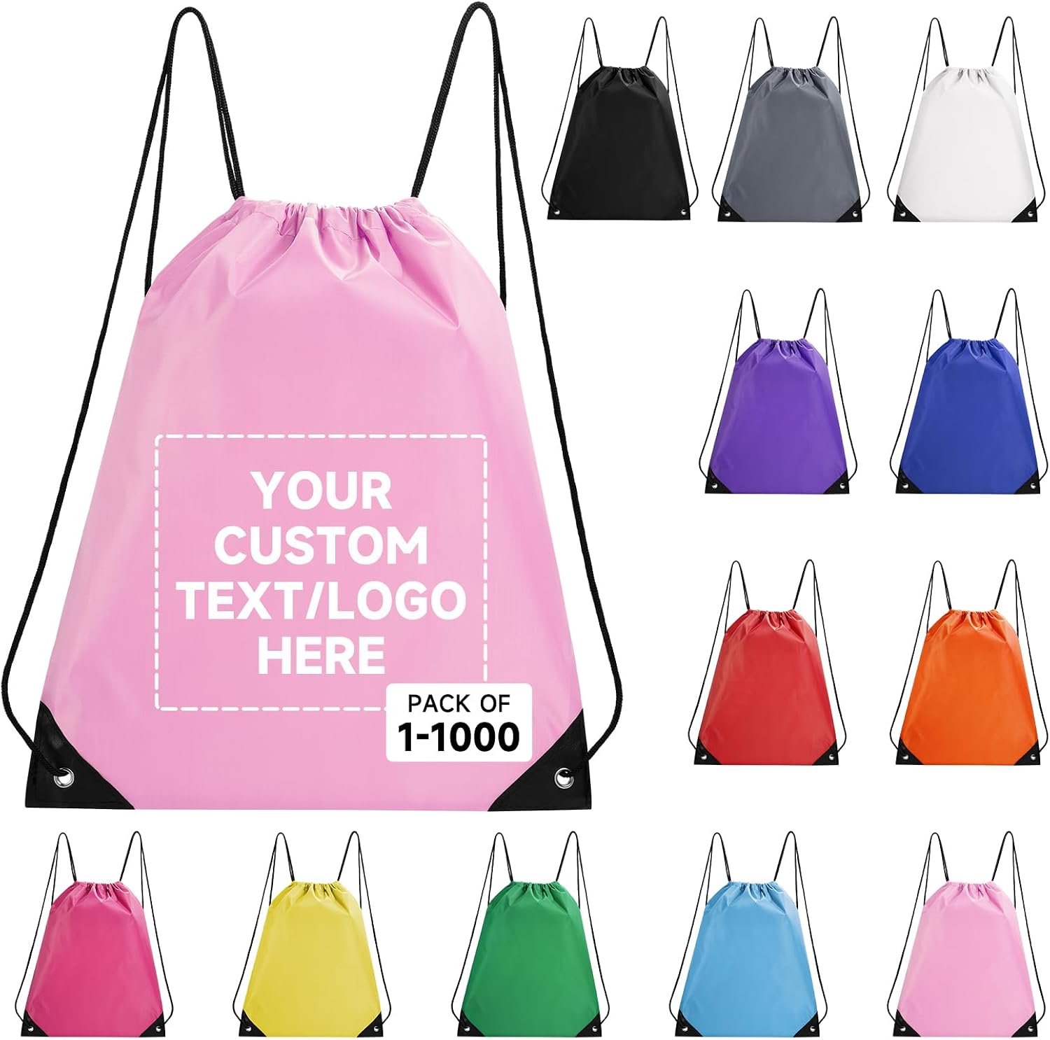 Custom Drawstring Bags With Logo, 500 Pack Personalized Text Drawstring Backpack Bulk Great for Travelling, Gym and for Everyday Use (Light Pink)
