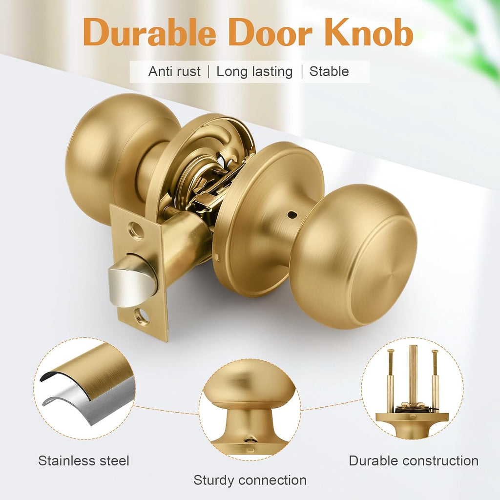 Probrico Champagne Bronze Interior Door Knob for Hallway, Champagne Door Knobs Closet Door Knob, Passage Door Knobs with Round Ball Knob, 10 Pack