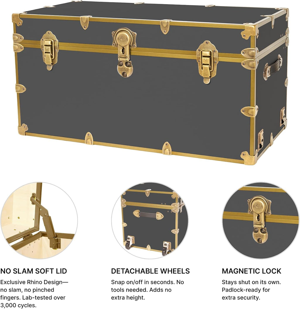 Rhino Trunk & Case Classic XXL College Trunk with Wheels, Antique Brass Hardware, Soft Close - 36'x18'x18', Seats 1500+ lbs, USA Made Secure Dorm Footlocker, Home Storage, Steamer Style Blanket Chest