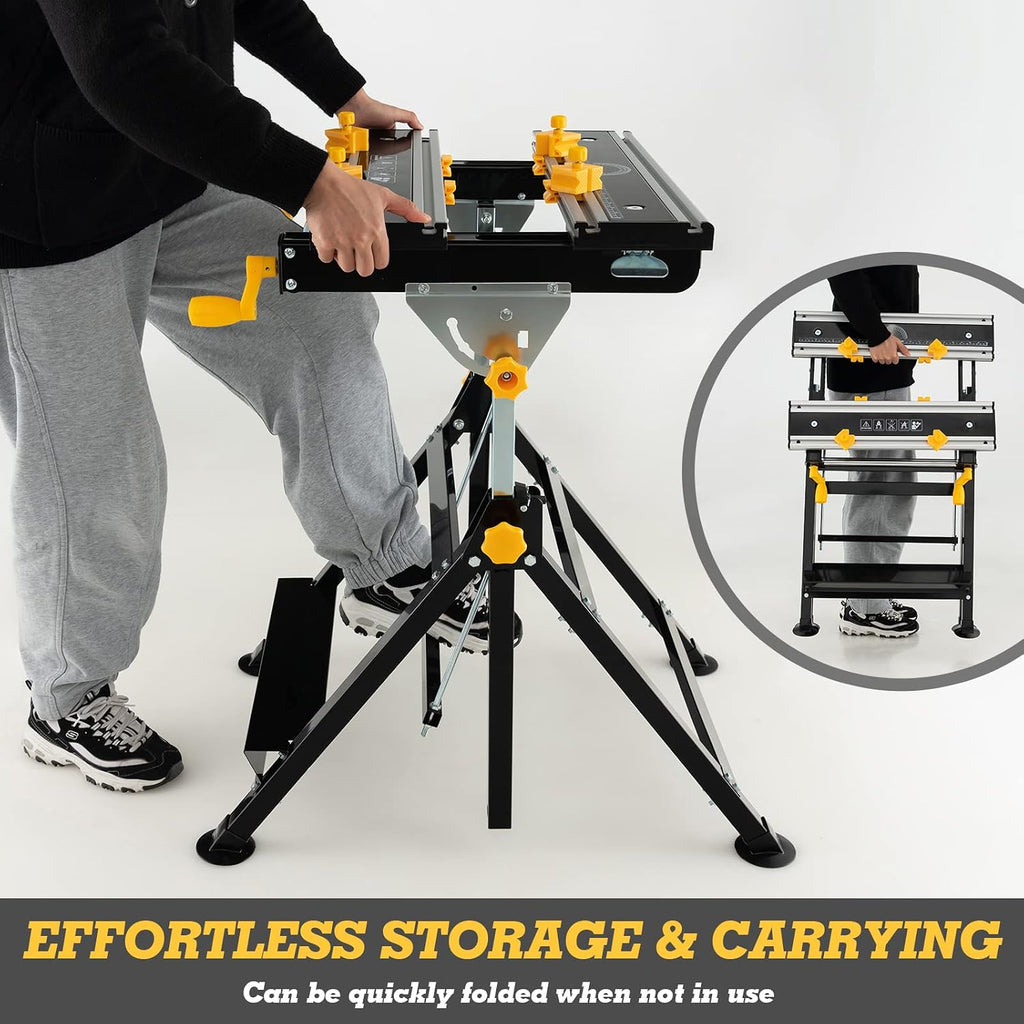 Portable Workbench, Folding Work Bench and Vise with 2 Rotary Handles, 7-Level Adjustable Height, 8 Sliding Clamps, Tiltable & Extendable Tabletop, Workbench Table for Garage, Workshop