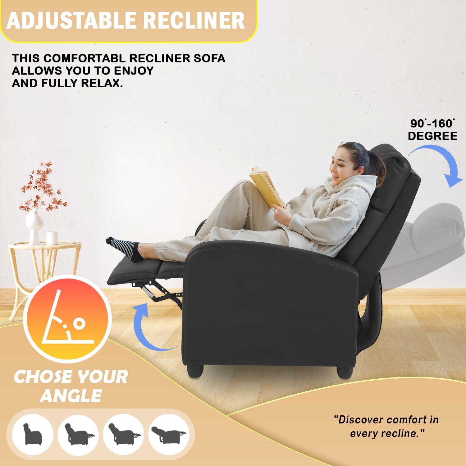PayLessHere Recliner Chair Single Reclining Sofa Home Theater Seating with Lumbar Support and Padded Backrest for Living Room and Bedroom (Leather, Black)