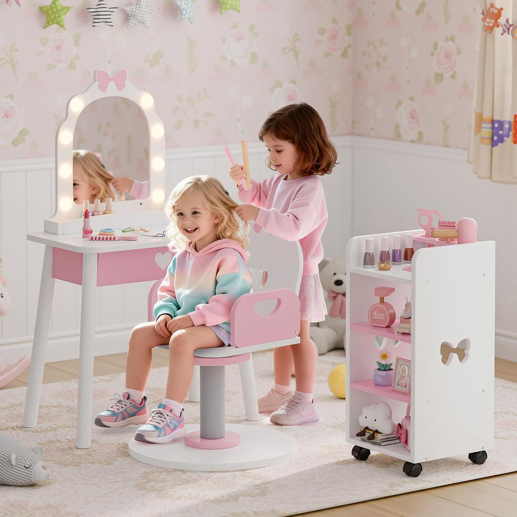 Kids Vanity Set with Light and Barber Chair, White Pink Makeup Dressing Vanity Table with Storage Shelf and Hair Salon Play Set 7 pcs Accessories, Pretend Play Vanity Set for Toddler Girls